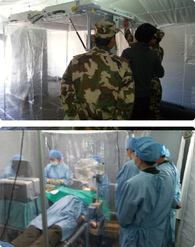  中国红十字会、中央电视台、武警总医院共同举行的“新春走基层、青海光明行”公益慈善活动，海拔4000多米的寒冷高原，武警医务人员在爱茵斯贝等离子空气消毒机洁净罩（野外移动层流仓）内为藏族同胞成功实施73例手术。